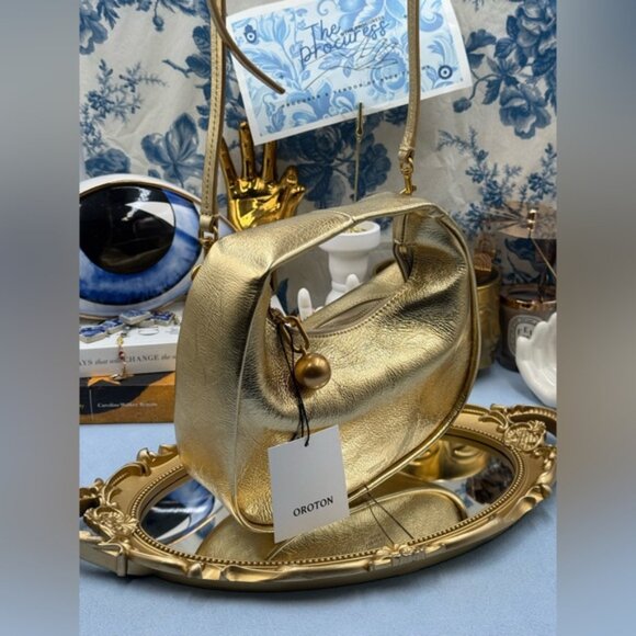 🆕 OROTON 🧿 NWT Clara Mini Convertible Crossbody Bag, Crinkle Gold Leather - Picture 2 of 15